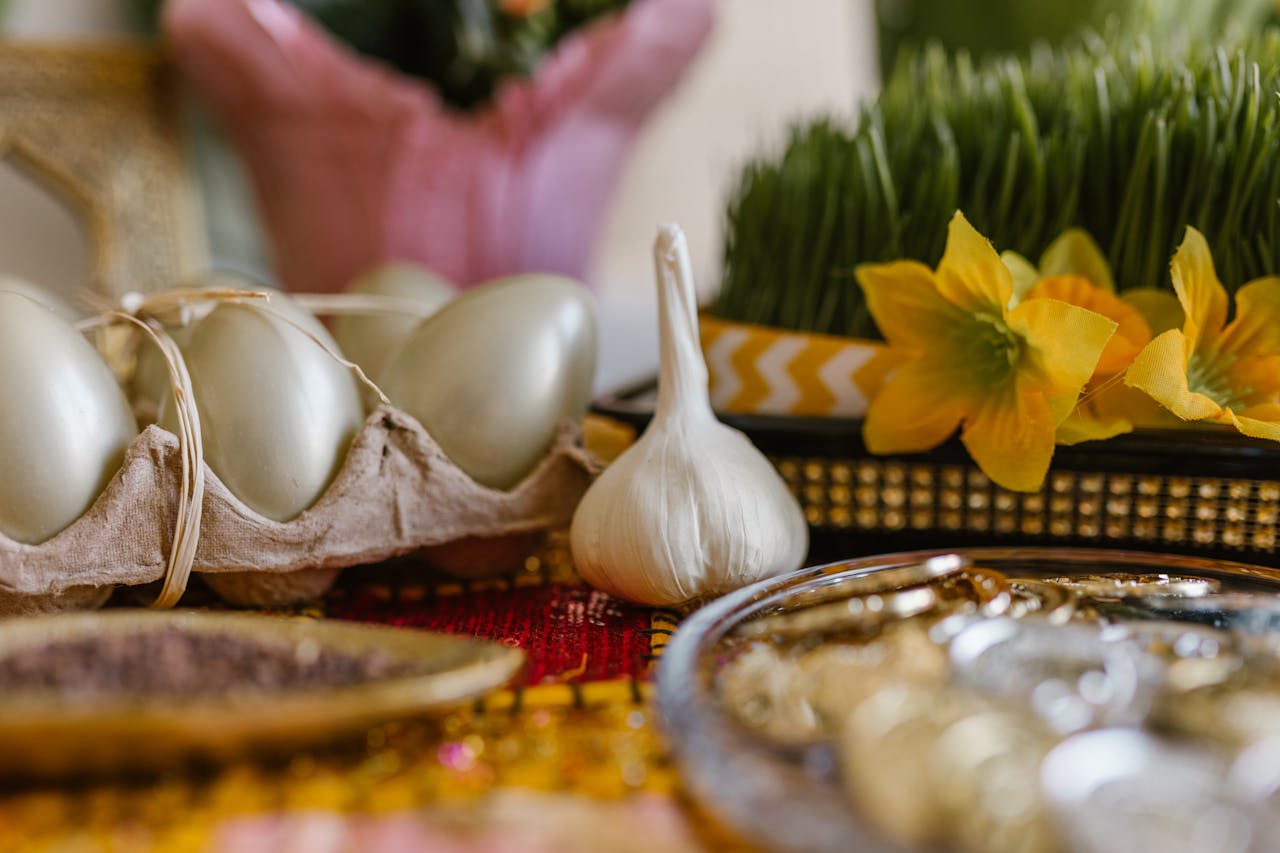 A vibrant Haft Sin table setup with symbolic items for Nowruz celebration.